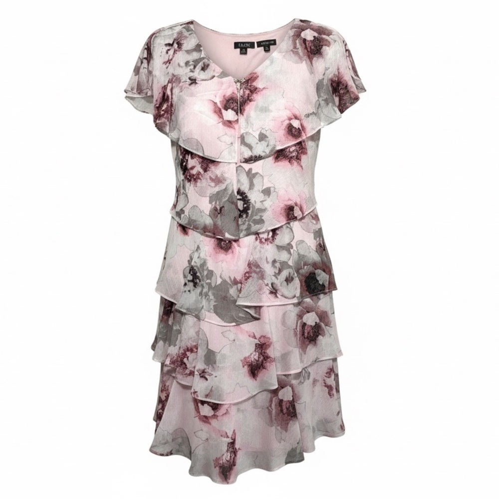 SLN Tiered Shimmer Flutter Sleeve Dress Dusty Pink Floral Midi Dress Women Sz 10